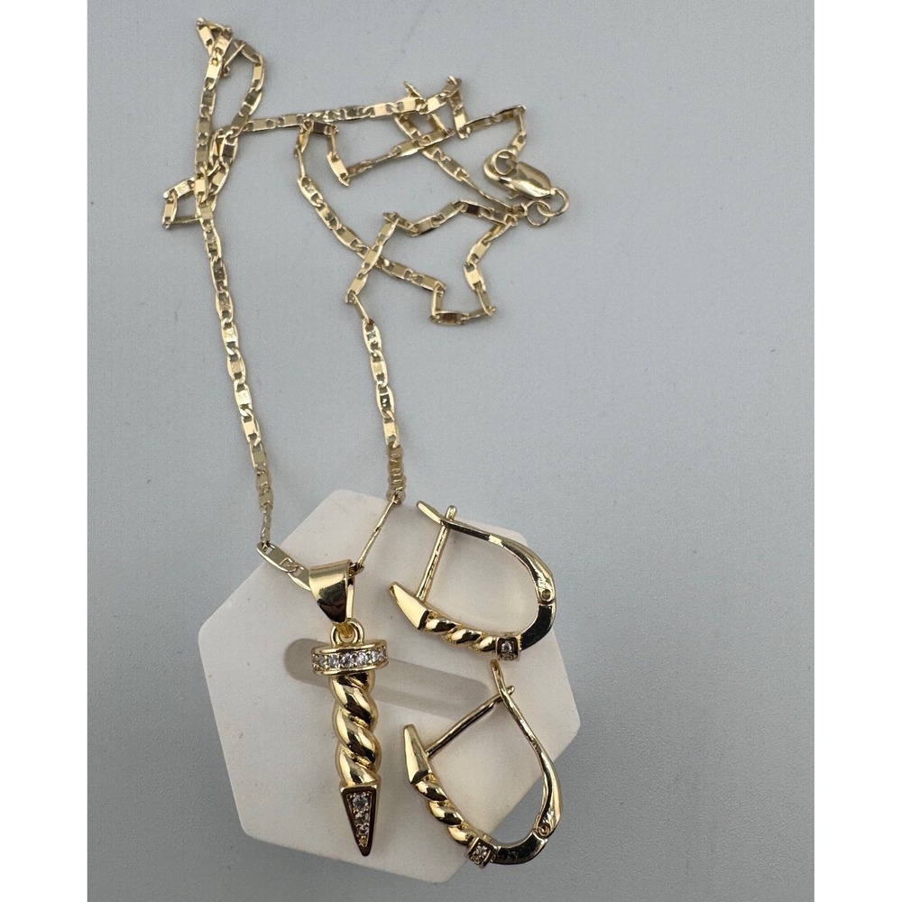 Gold Plated Twisted Horn Pendant Necklace and Leverback Earring Set with CZ